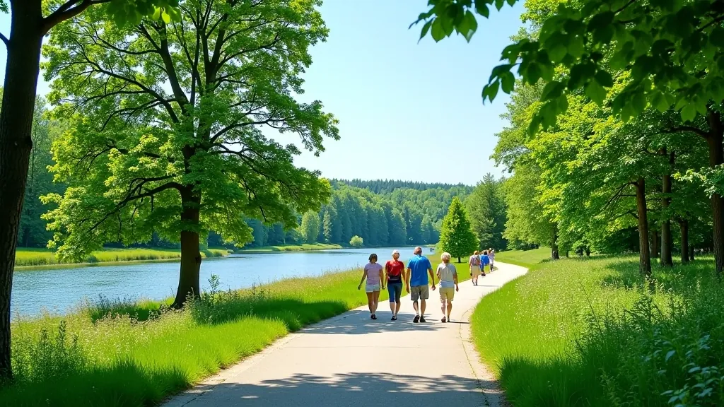 Daugavas krastmala vasaras vidū ar skaistu skatu uz upi, daudz ņemošo ļaužu